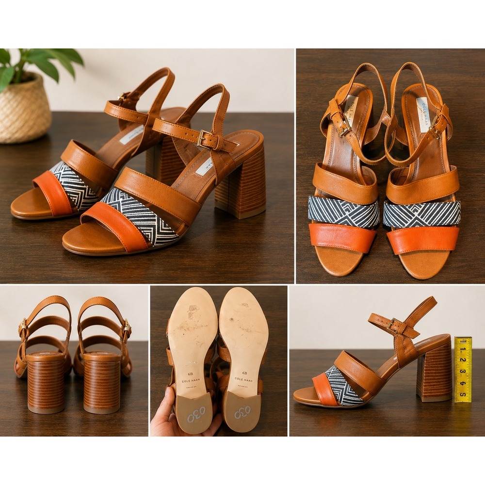 Cole Haan Grand.OS Women 6B Block Heel Sandals Orange Cognac Geometric W02158
